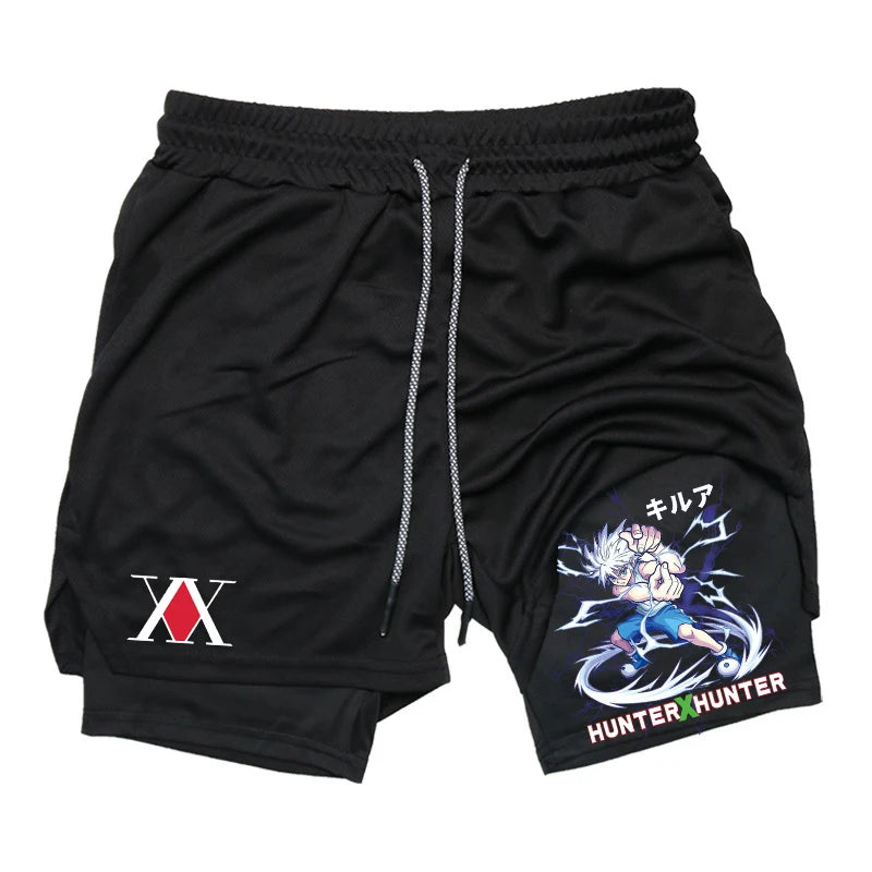 Men's Anime Print 2-in-1 Running Shorts: Lightweight Athletic Gym Workout Compression Shorts with Phone Pockets and Towel Loop.