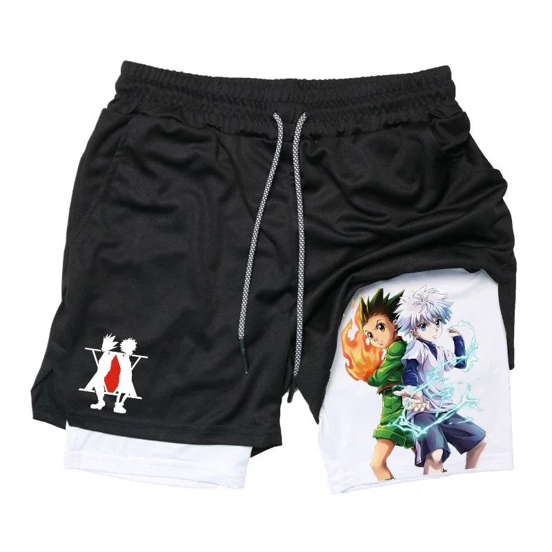 Men's Anime Print 2-in-1 Running Shorts: Lightweight Athletic Gym Workout Compression Shorts with Phone Pockets and Towel Loop.