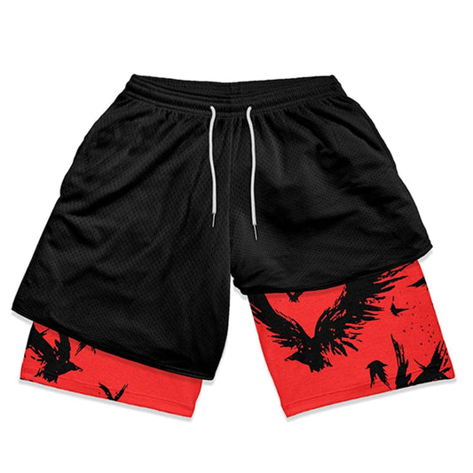 Anime Essence: Men's Print 2 In 1 Bilayer Sport Shorts.