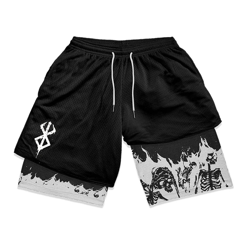 Men's Anime Graphic 2-in-1 Running Shorts: Athletic Gym Workout Shorts with Compression Liner, Pockets, and Quick Dry Fabric.