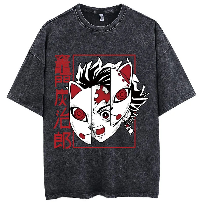 Demon Slayer T-shirt Oversized Acid Washed Tee Print Retro Vintage Punk & Gothic Unisex Adults' Hot Stamping 100% Cotton.