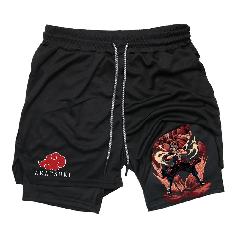 Anime Fusion: Men's 2-in-1 Performance Shorts with Compression and Towel Loop Pockets.