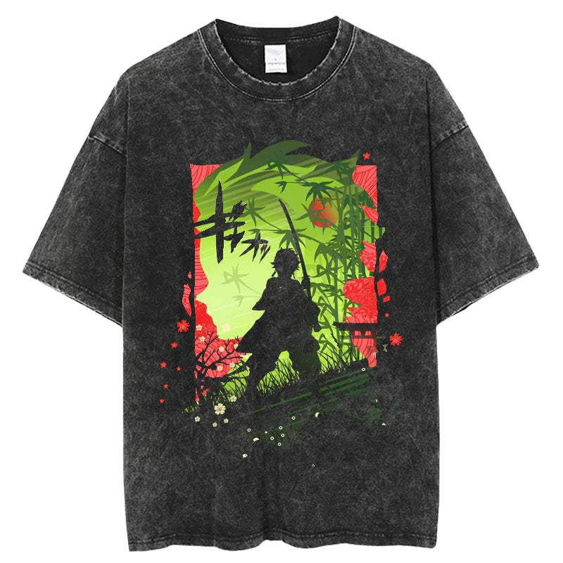 Demon Slayer Chronicles: New Vintage Washed Anime Graphic T-shirt.