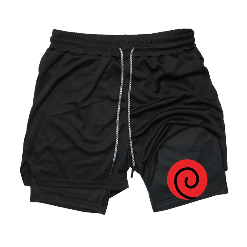 Anime Fusion: Men's 2 in 1 Workout Shorts with Towel Loop and Graphic Detail.