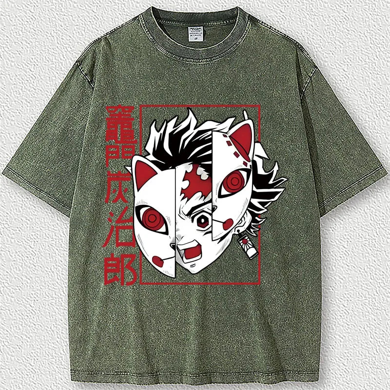 Demon Slayer T-shirt Oversized Acid Washed Tee Print Retro Vintage Punk & Gothic Unisex Adults' Hot Stamping 100% Cotton.